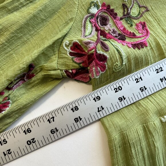 Womens Fig & Flower Lime Green Blouse Large Sheer Button Up Embroidered Boho - Picture 3 of 10